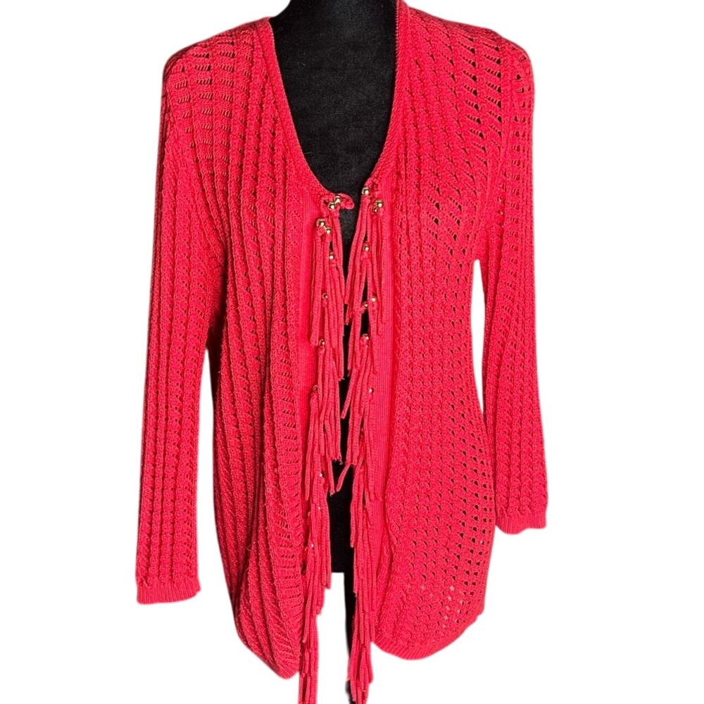 Samantha Grey Red Ribbed knit Cardigan tie front cascading hemline sz small